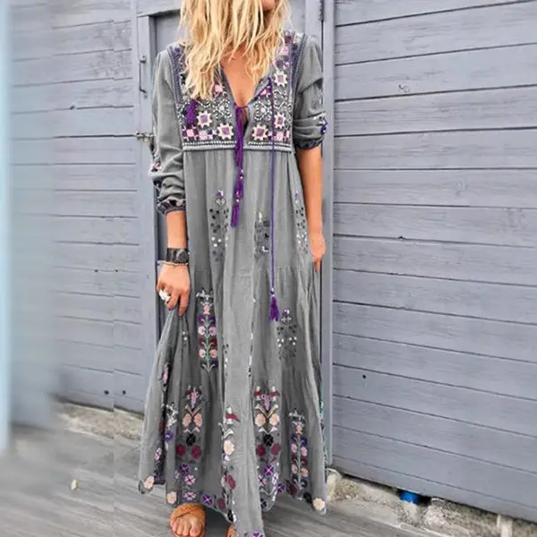 Blue Printed Long Sleeve Skirt Dress with Drawstring - Image 4