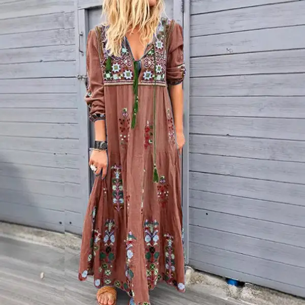 Blue Printed Long Sleeve Skirt Dress with Drawstring - Image 5