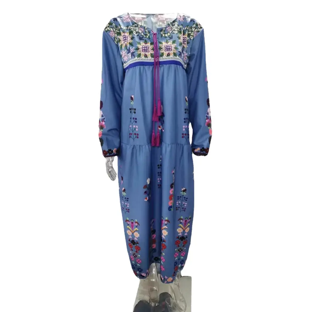 Blue Printed Long Sleeve Skirt Dress with Drawstring - Image 6