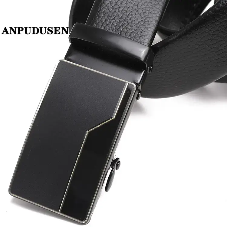 Men's Black Automatic Buckle Belt Lychee Pattern