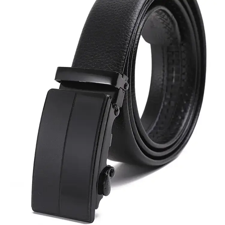Men's Black Automatic Buckle Belt Lychee Pattern