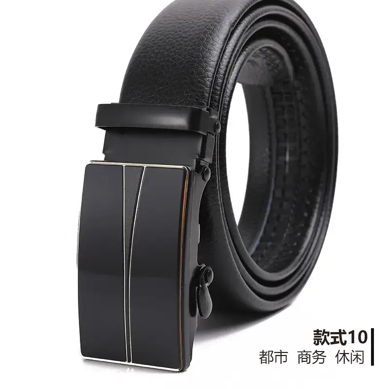 Men's Black Automatic Buckle Belt Lychee Pattern