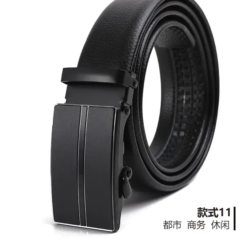Men's Black Automatic Buckle Belt Lychee Pattern