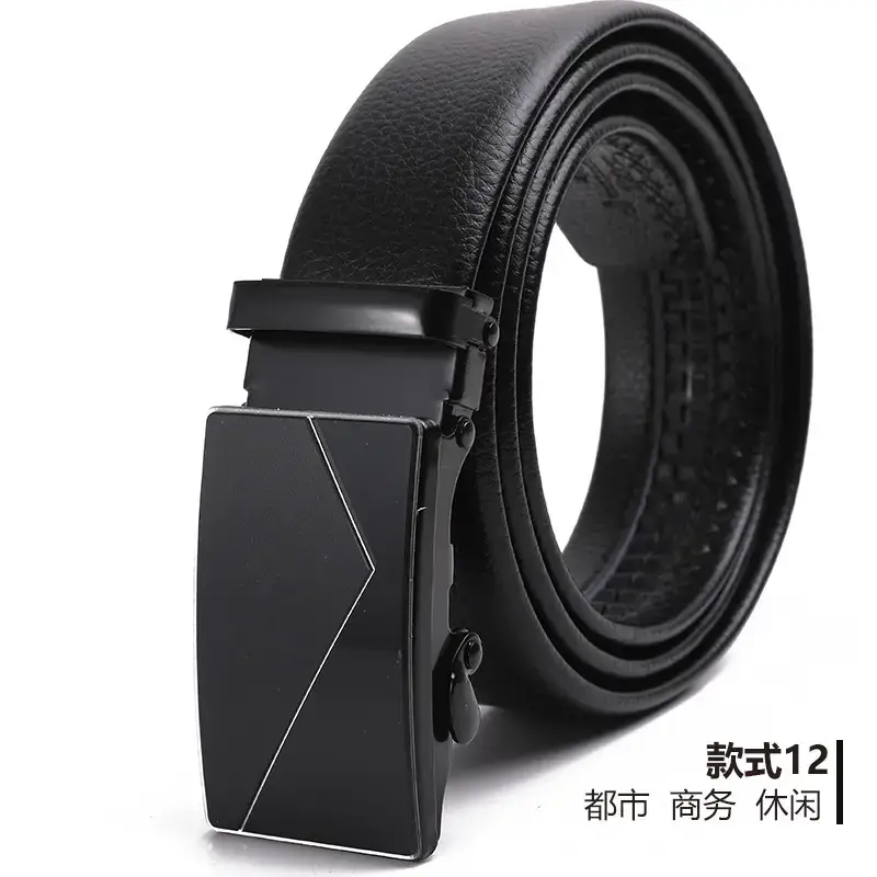 Men's Black Automatic Buckle Belt Lychee Pattern