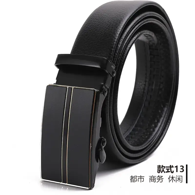 Men's Black Automatic Buckle Belt Lychee Pattern