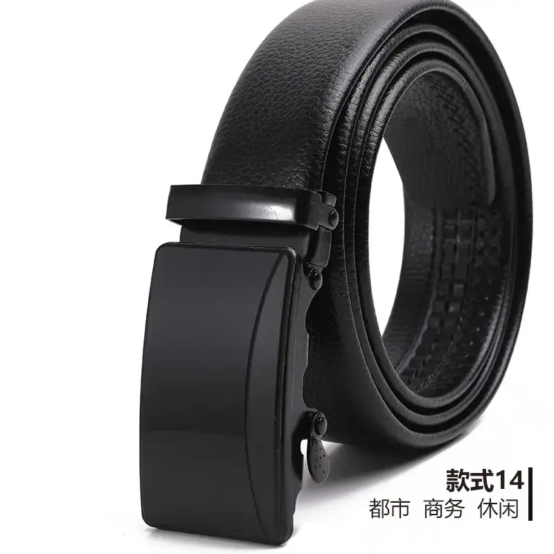 Men's Black Automatic Buckle Belt Lychee Pattern