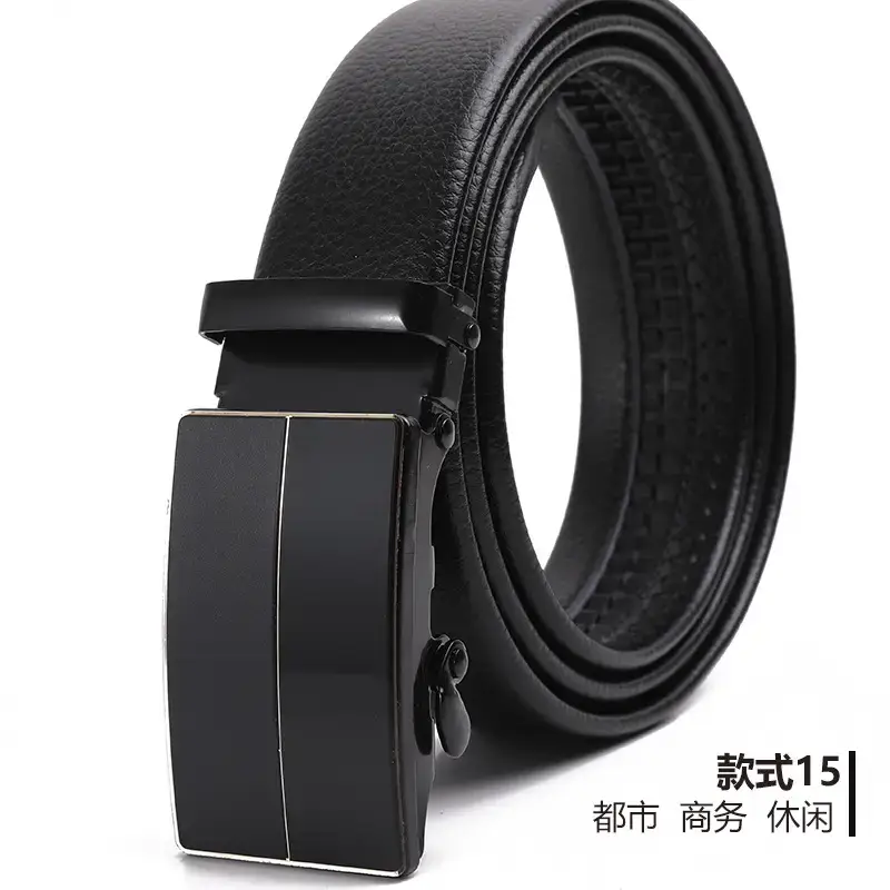 Men's Black Automatic Buckle Belt Lychee Pattern