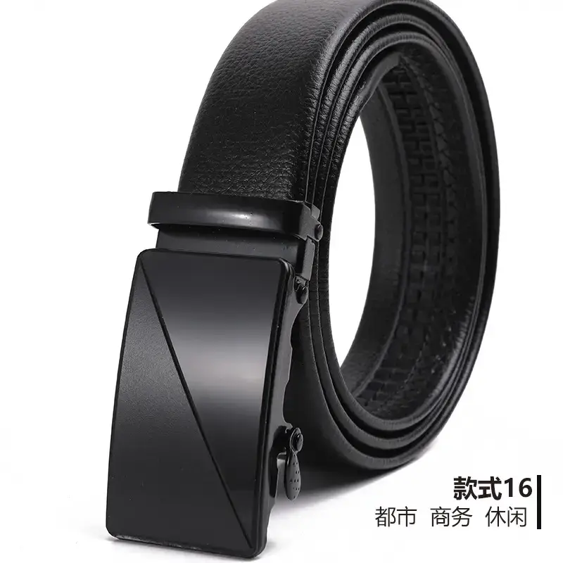 Men's Black Automatic Buckle Belt Lychee Pattern