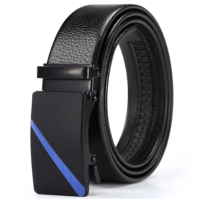 Men's Black Automatic Buckle Belt Lychee Pattern