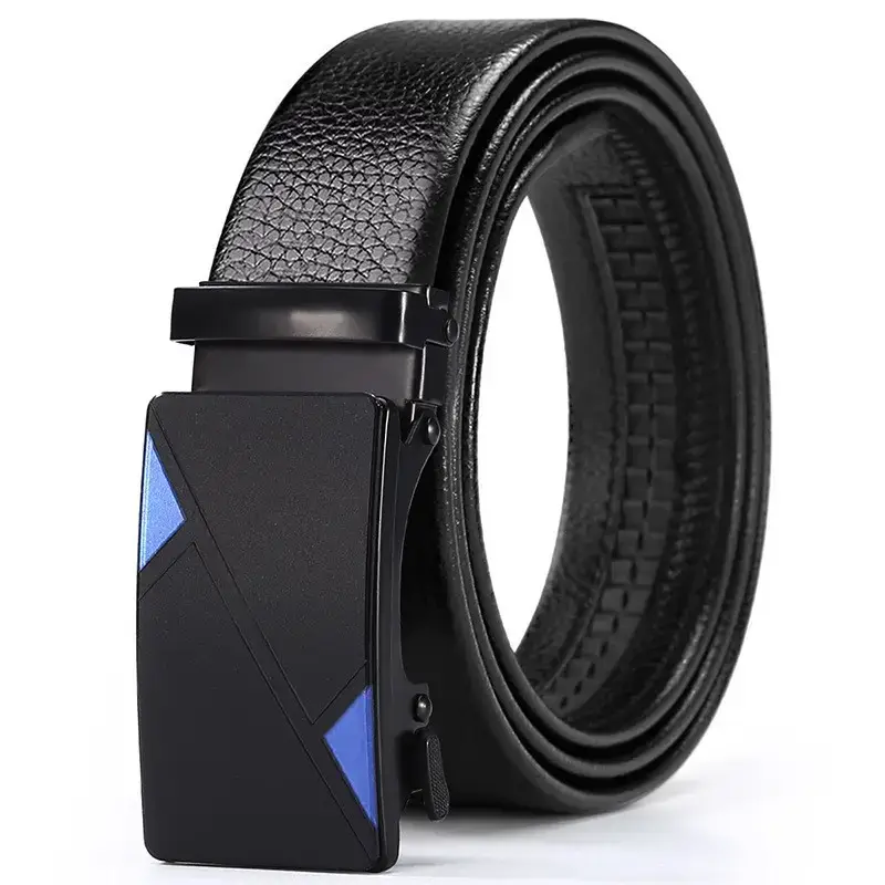 Men's Black Automatic Buckle Belt Lychee Pattern