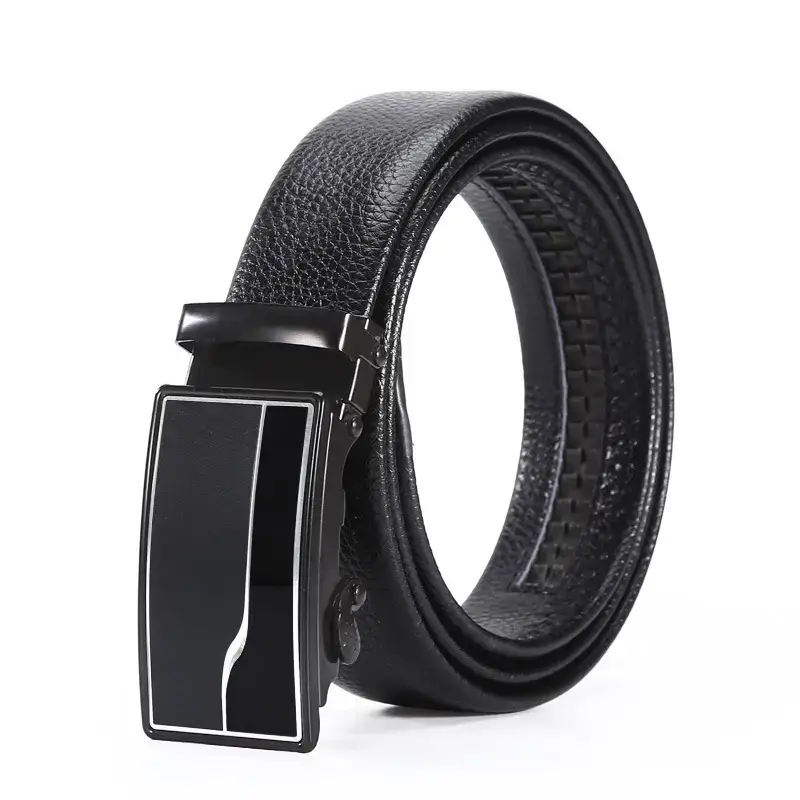 Men's Black Automatic Buckle Belt Lychee Pattern