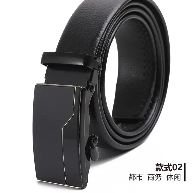 Men's Black Automatic Buckle Belt Lychee Pattern