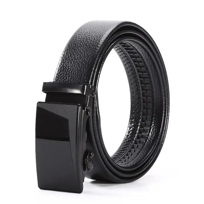 Men's Black Automatic Buckle Belt Lychee Pattern