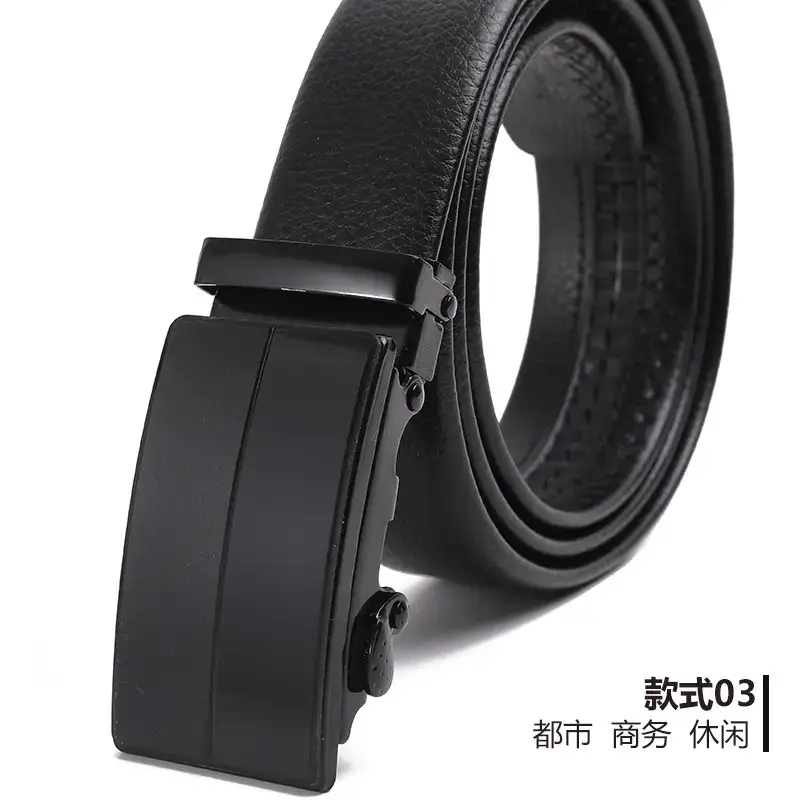 Men's Black Automatic Buckle Belt Lychee Pattern