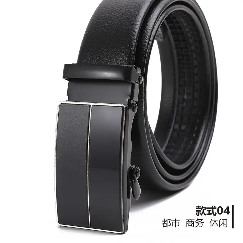 Men's Black Automatic Buckle Belt Lychee Pattern
