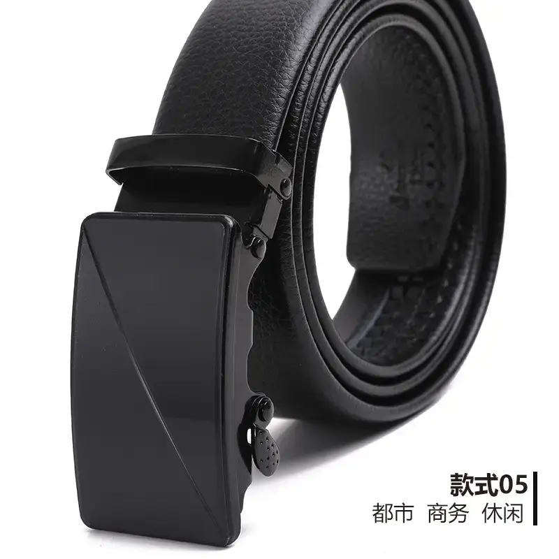 Men's Black Automatic Buckle Belt Lychee Pattern