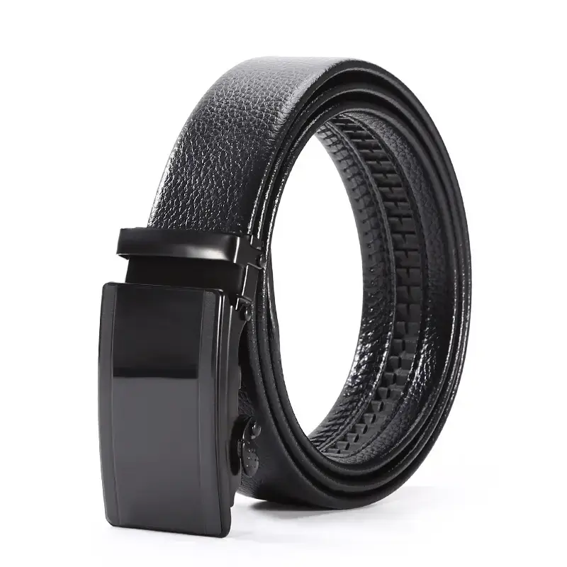 Men's Black Automatic Buckle Belt Lychee Pattern