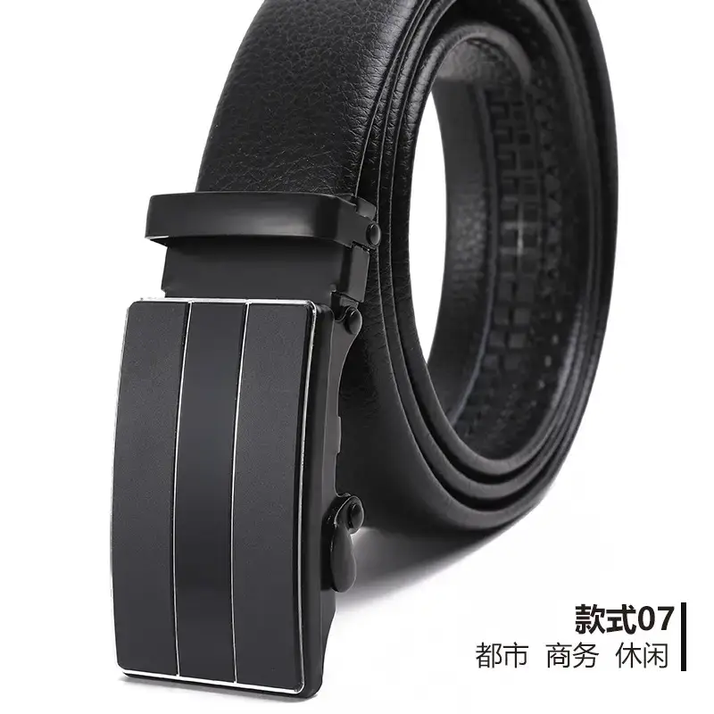 Men's Black Automatic Buckle Belt Lychee Pattern