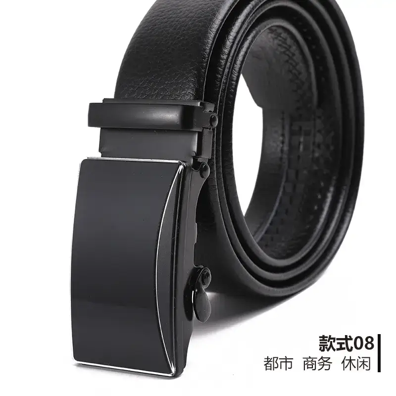 Men's Black Automatic Buckle Belt Lychee Pattern