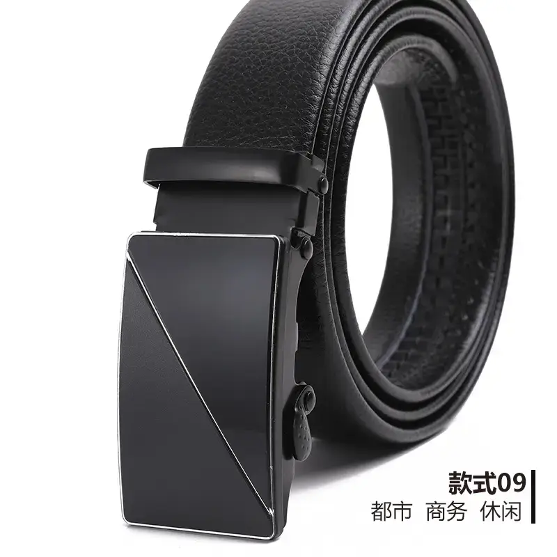 Men's Black Automatic Buckle Belt Lychee Pattern