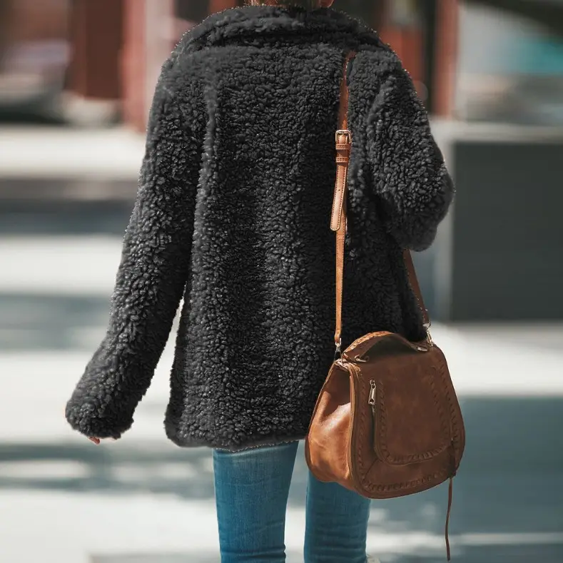 2019 Winter Plush Lapel Coat Black Long Sleeve - Image 10