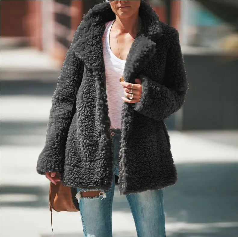 2019 Winter Plush Lapel Coat Black Long Sleeve - Image 11