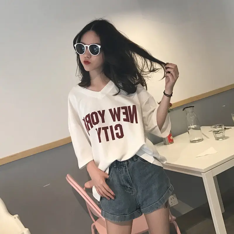 2025 Women V-Neck Letter Print T-Shirt Shorts Set - Image 3