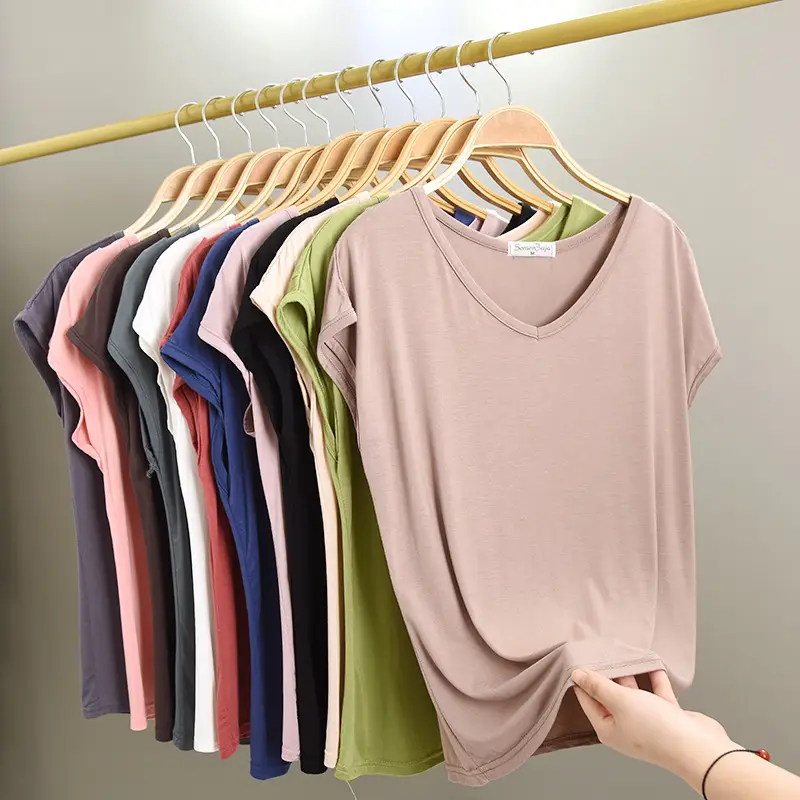 Women's Korean V-Neck Modal Short Sleeve T-Shirt Pink