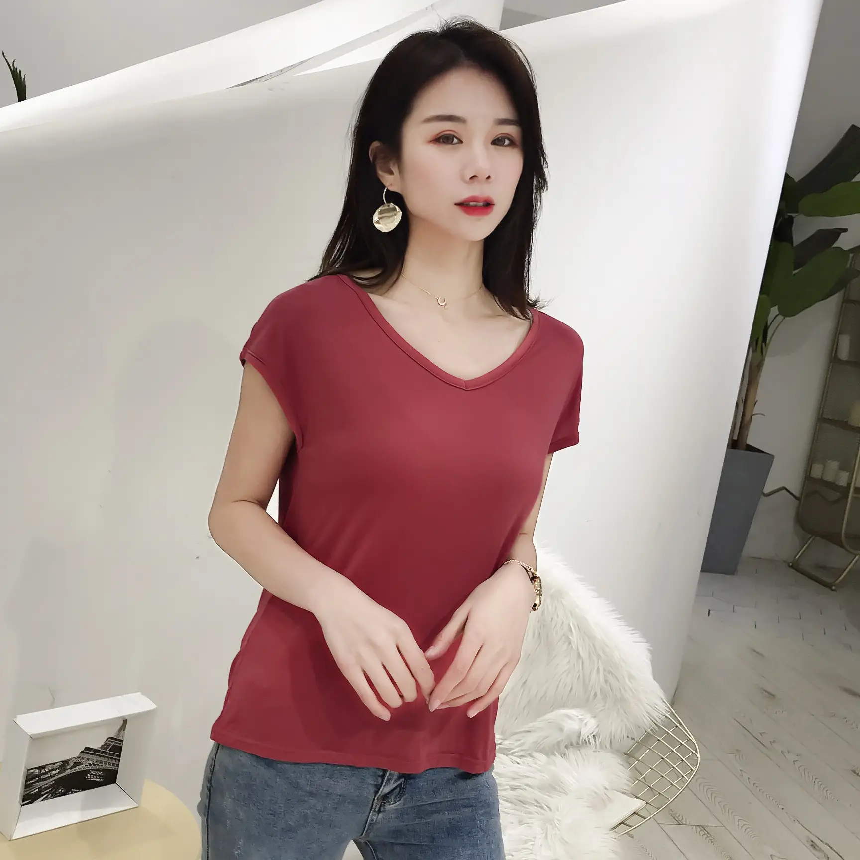 Women's Korean V-Neck Modal Short Sleeve T-Shirt Pink