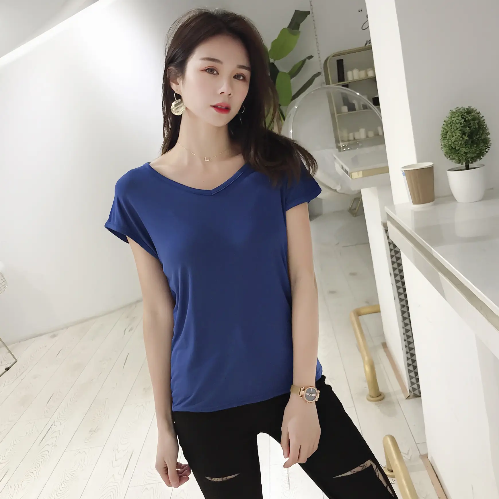 Women's Korean V-Neck Modal Short Sleeve T-Shirt Pink
