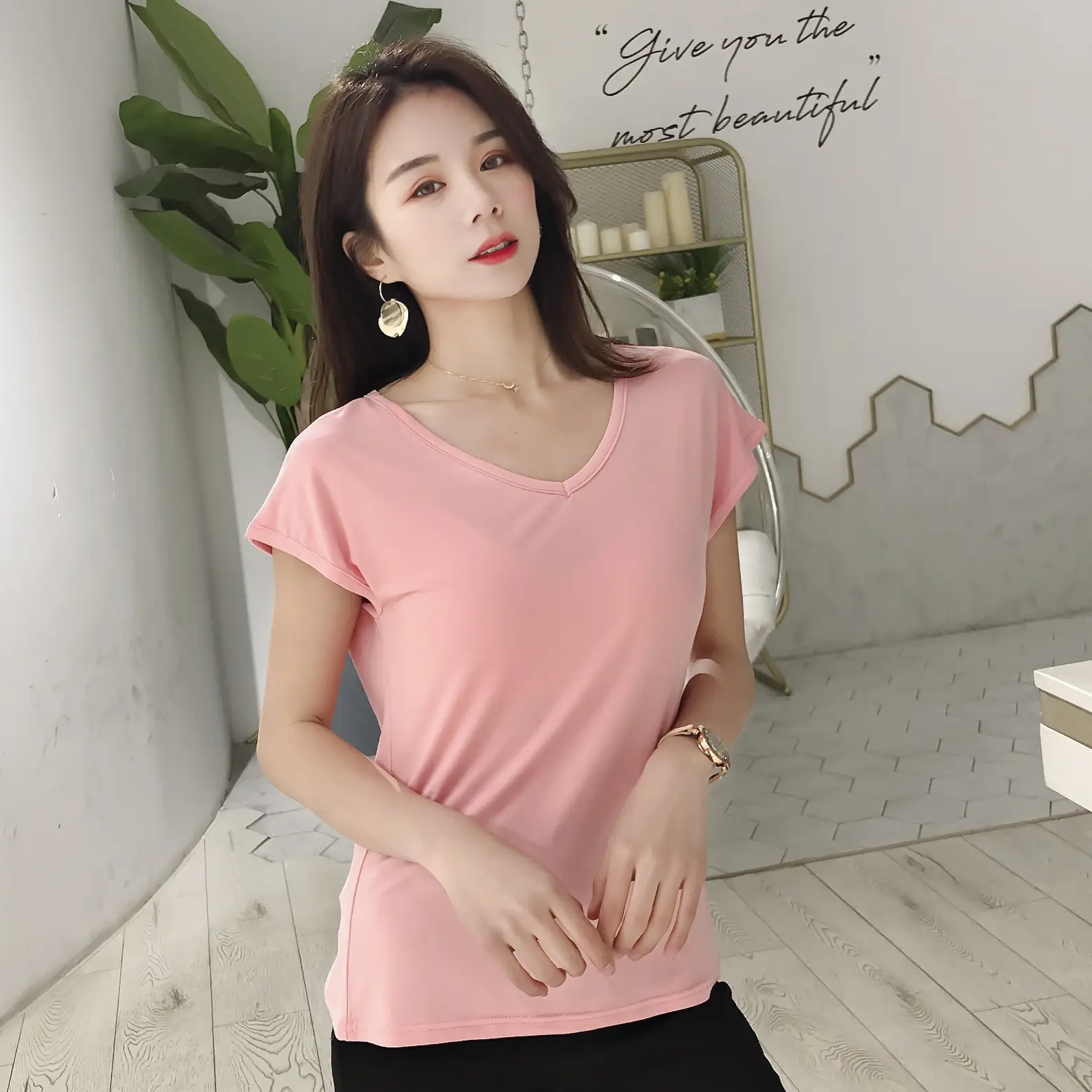 Women's Korean V-Neck Modal Short Sleeve T-Shirt Pink