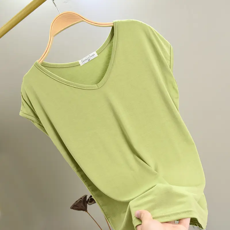 Women's Korean V-Neck Modal Short Sleeve T-Shirt Pink