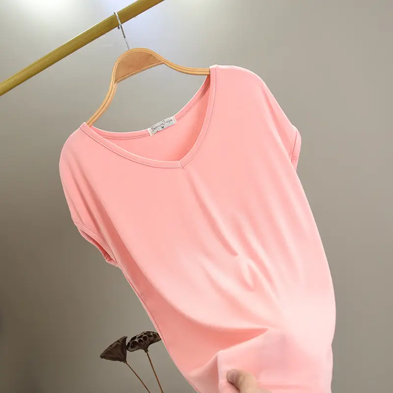 Women's Korean V-Neck Modal Short Sleeve T-Shirt Pink
