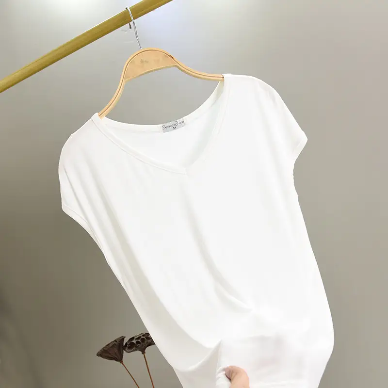 Women's Korean V-Neck Modal Short Sleeve T-Shirt Pink