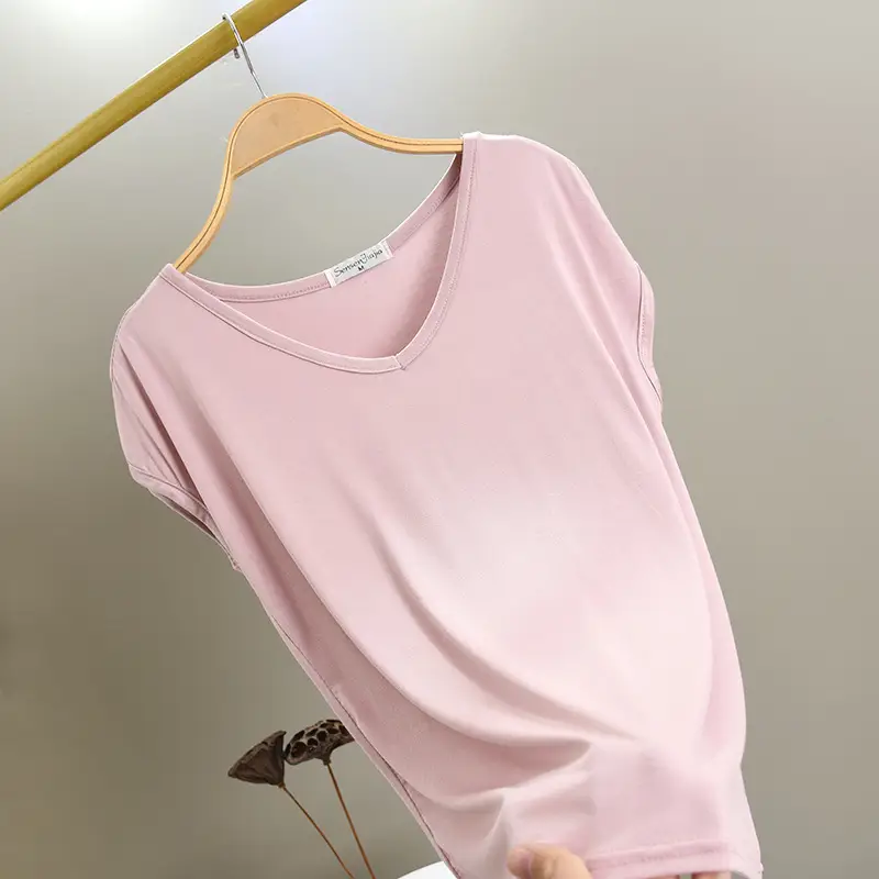 Women's Korean V-Neck Modal Short Sleeve T-Shirt Pink
