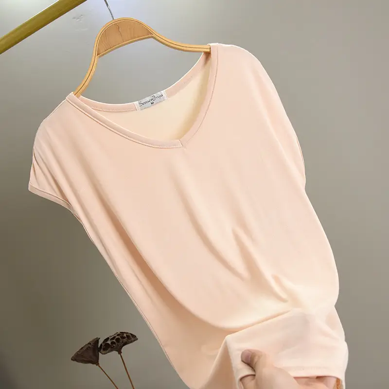 Women's Korean V-Neck Modal Short Sleeve T-Shirt Pink