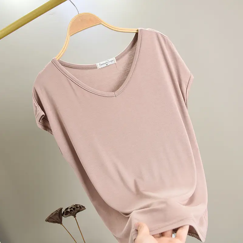 Women's Korean V-Neck Modal Short Sleeve T-Shirt Pink