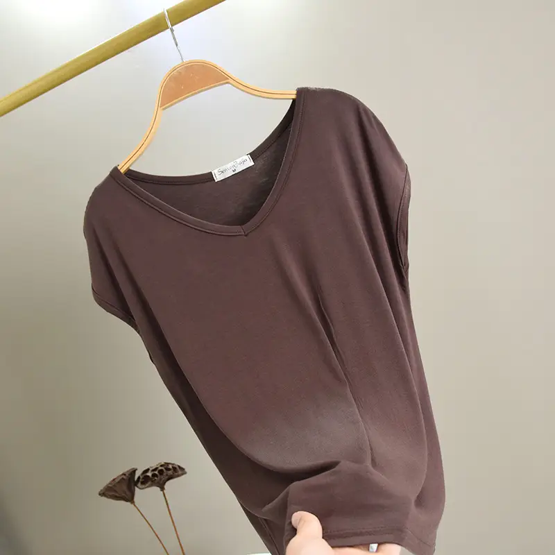 Women's Korean V-Neck Modal Short Sleeve T-Shirt Pink