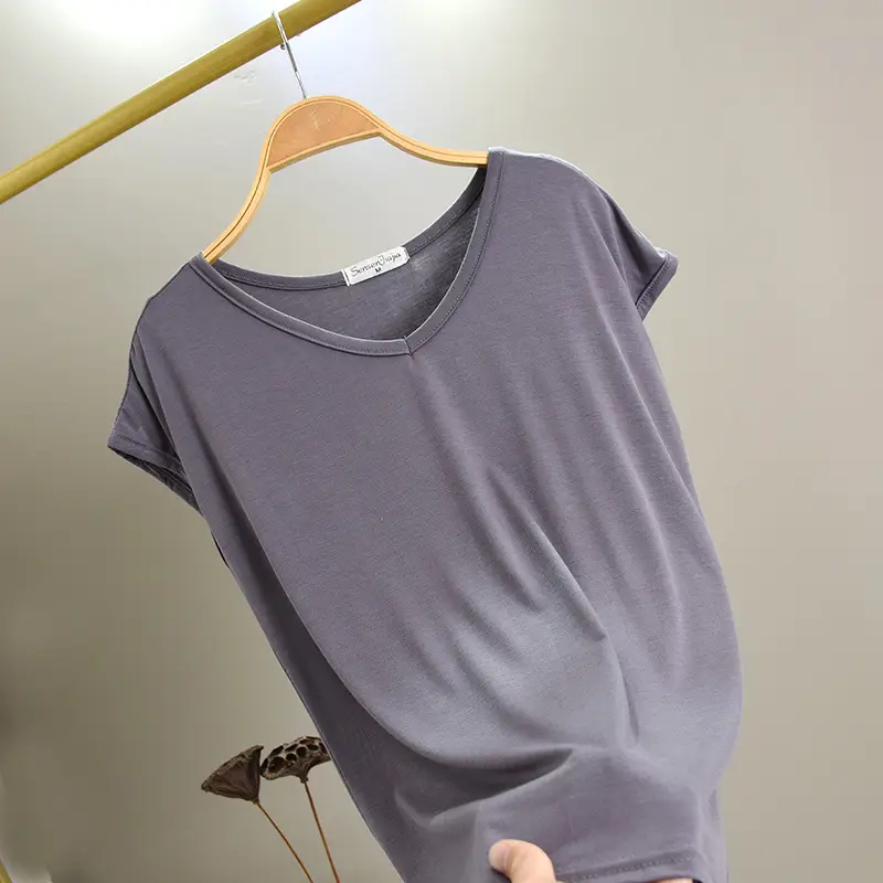Women's Korean V-Neck Modal Short Sleeve T-Shirt Pink