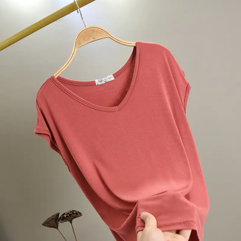 Women's Korean V-Neck Modal Short Sleeve T-Shirt Pink