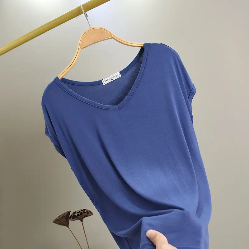 Women's Korean V-Neck Modal Short Sleeve T-Shirt Pink