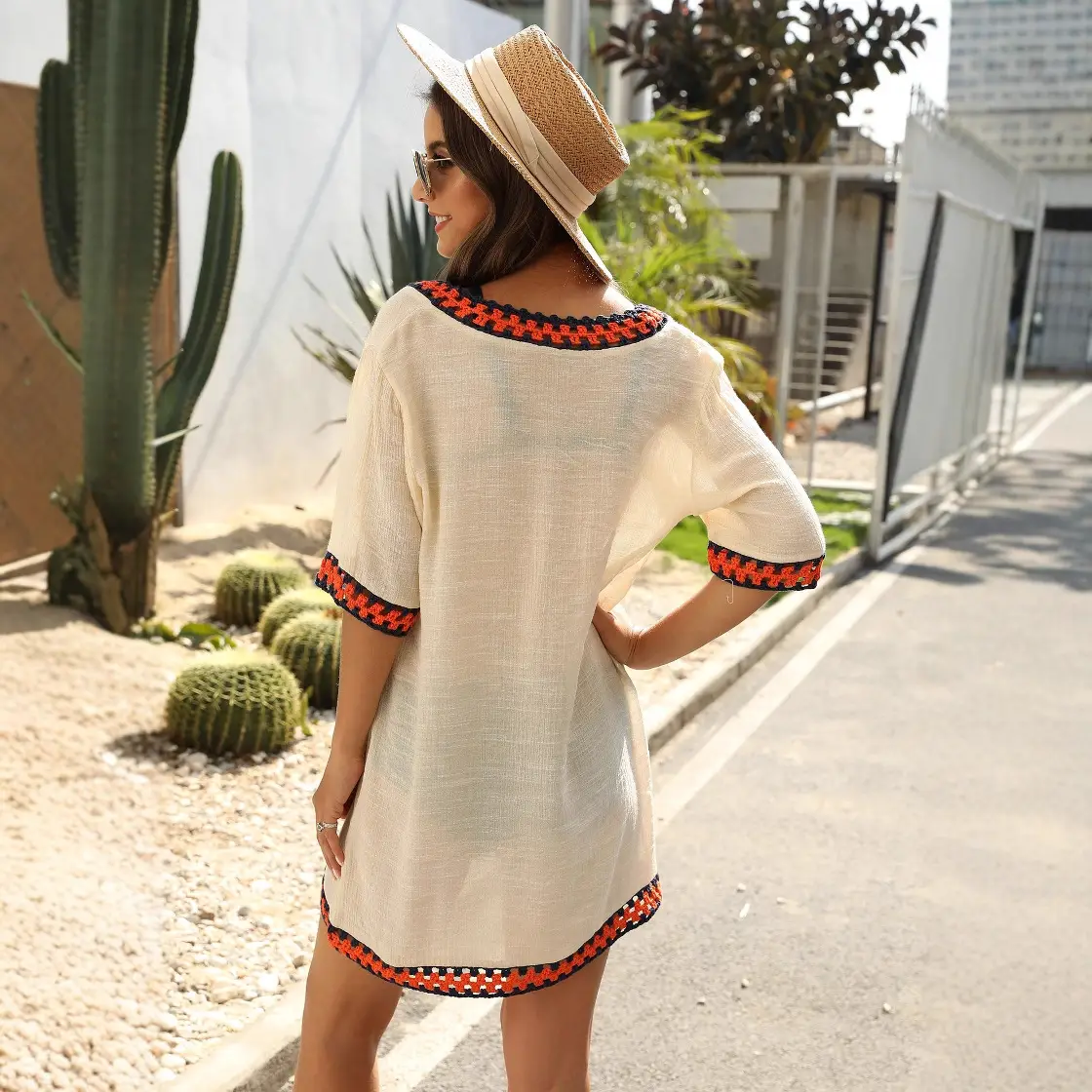 Women's V Neck Sun Protection Blouse White Orange Trim - Image 8