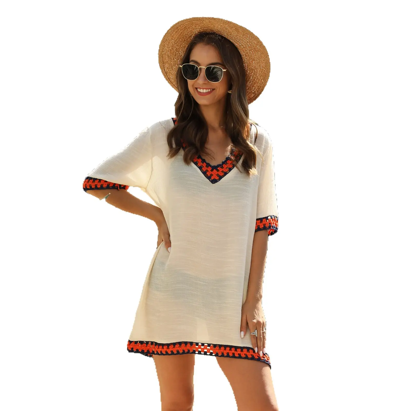 Women's V Neck Sun Protection Blouse White Orange Trim - Image 9