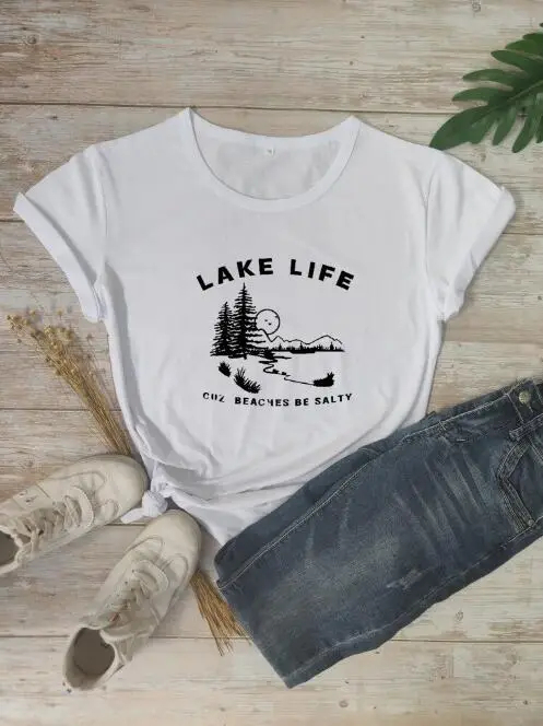 Women's Black Lake Life Tee with Beach Design