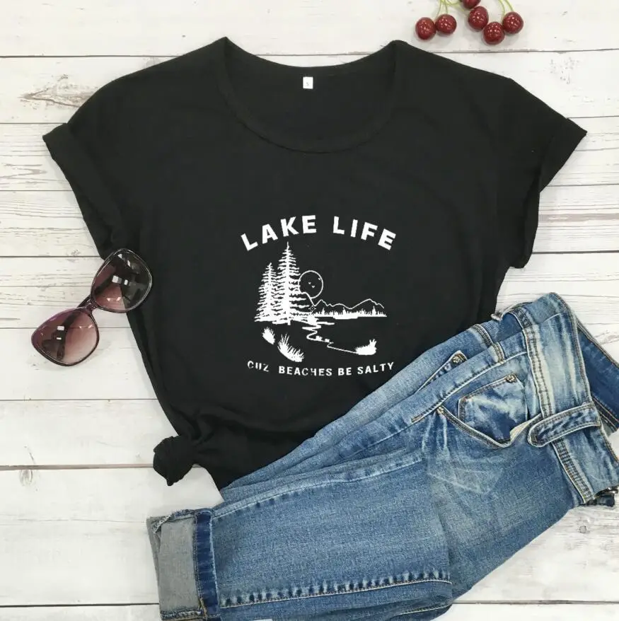 Women's Black Lake Life Tee with Beach Design - Image 2