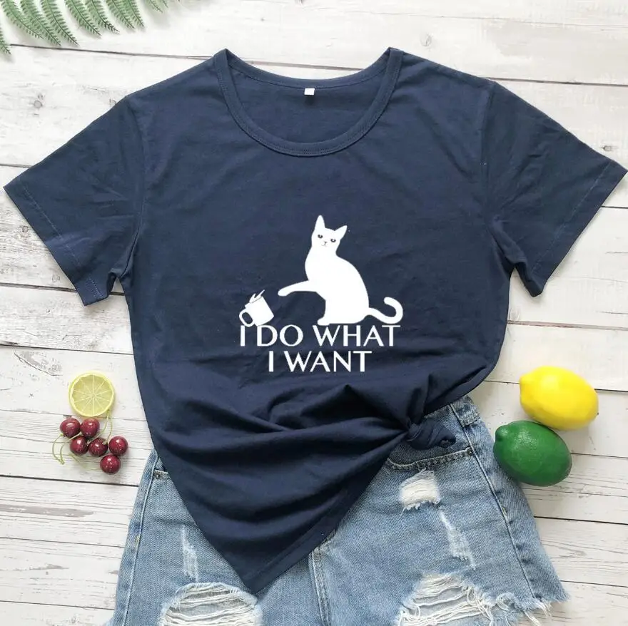 Women's Cat Print T-Shirt Navy Blue Do What I Want