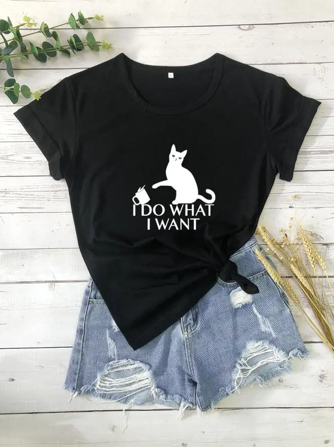 Women's Cat Print T-Shirt Navy Blue Do What I Want