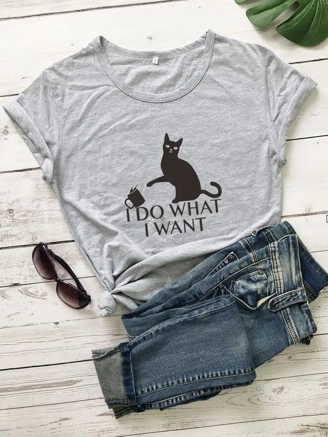Women's Cat Print T-Shirt Navy Blue Do What I Want