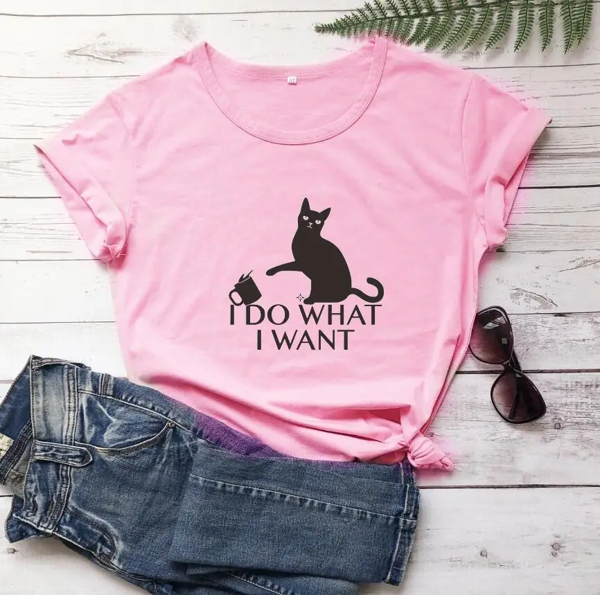 Women's Cat Print T-Shirt Navy Blue Do What I Want