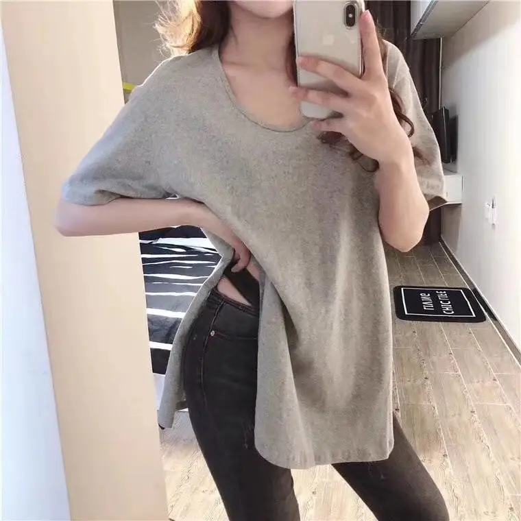 Women Black T-Shirt Large Summer Loose Round Neck - Image 4